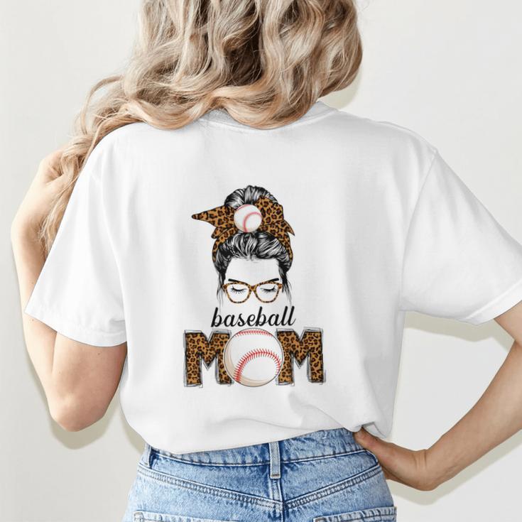 Baseball Mom Women Messy Bun Leopard Mother's Day Women's T-Shirt Back Print Baseball Mom Women Messy Bun Leopard Mother's Day Women's T-Shirt Back Print