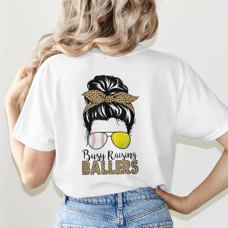 Busy Raising Ballers Tennis Baseball Mom Messy Bun Leopard Women's T-Shirt Back Print Busy Raising Ballers Tennis Baseball Mom Messy Bun Leopard Women's T-Shirt Back Print