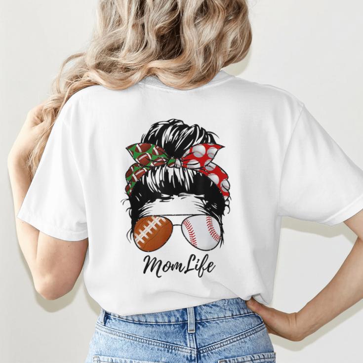 Football Mom Baseball Mom Life Messy Bun Mom Of Both Women's T-Shirt Back Print