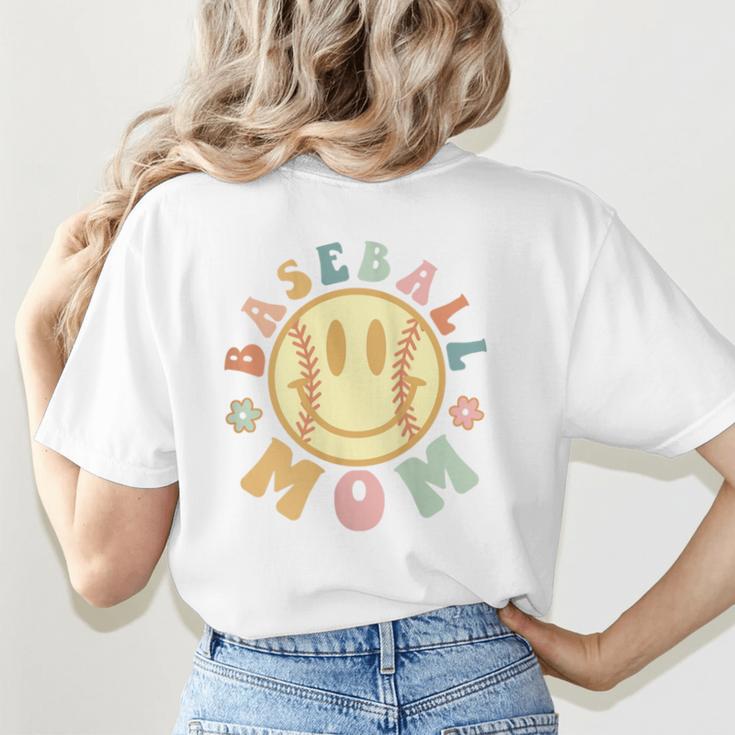 Groovy Retro Floral Happy Smiling Face Baseball Mom Women's T-Shirt Back Print Groovy Retro Floral Happy Smiling Face Baseball Mom Women's T-Shirt Back Print