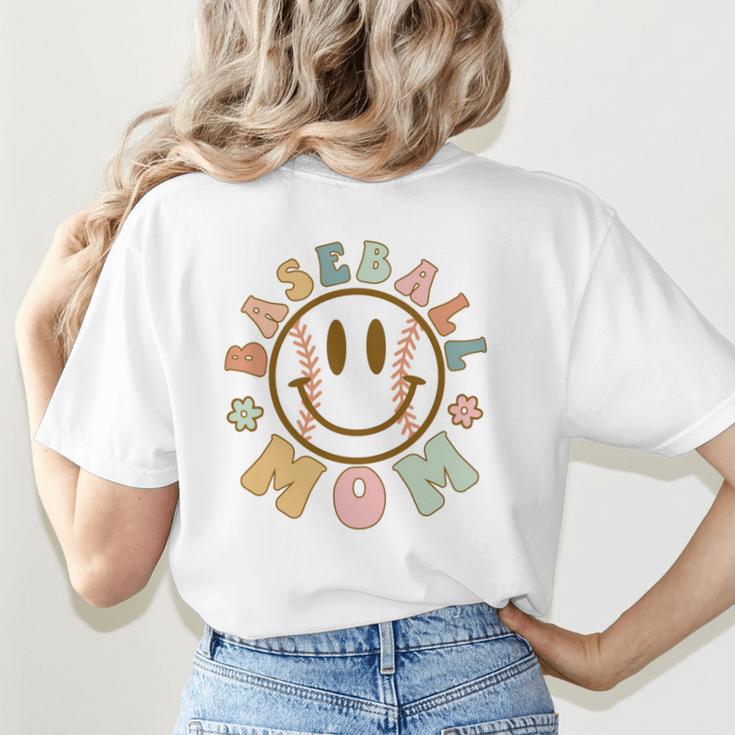 Happy Baseball Mom Groovy Retro Floral Smiling Face Women's T-Shirt Back Print Happy Baseball Mom Groovy Retro Floral Smiling Face Women's T-Shirt Back Print