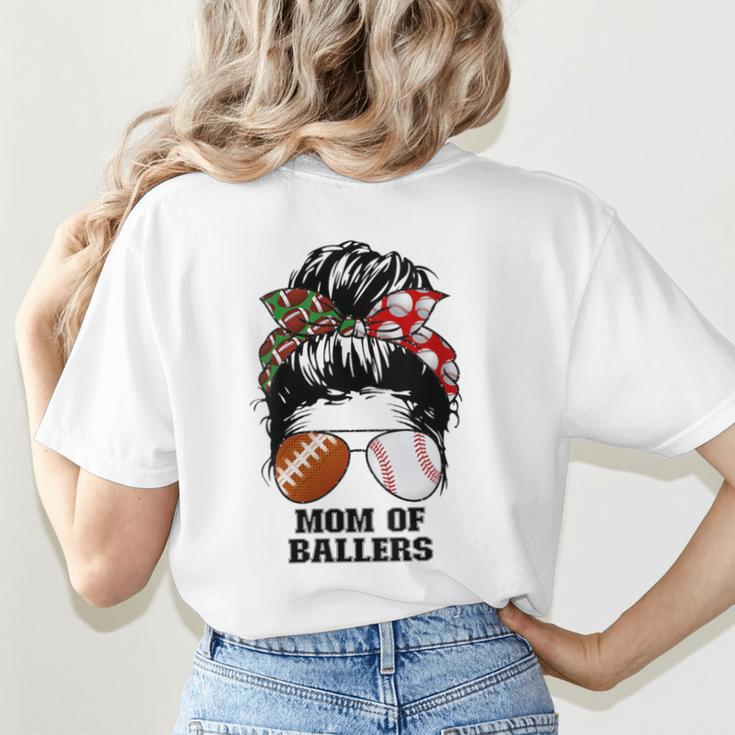Mom Of Ballers Messy Bun Football Mom Baseball Mom Of Both Women's T-Shirt Back Print