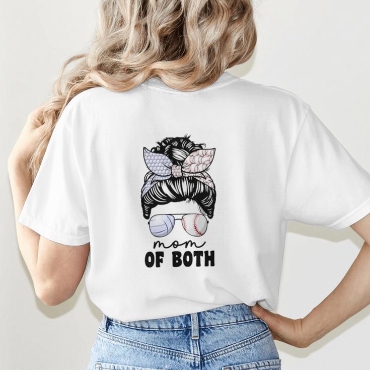 Mom Of Both Volleyball And Baseball Mom For Women Messy Bun Women's T-Shirt Back Print Mom Of Both Volleyball And Baseball Mom For Women Messy Bun Women's T-Shirt Back Print