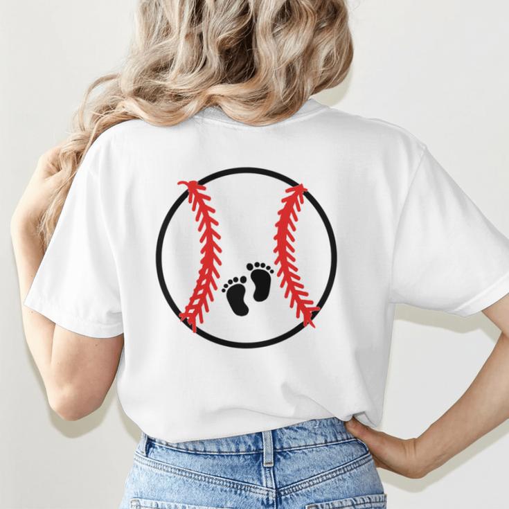 Pregnant Baseball Mom Pregnancy Announcement Baby Feet Belly Women's T-Shirt Back Print