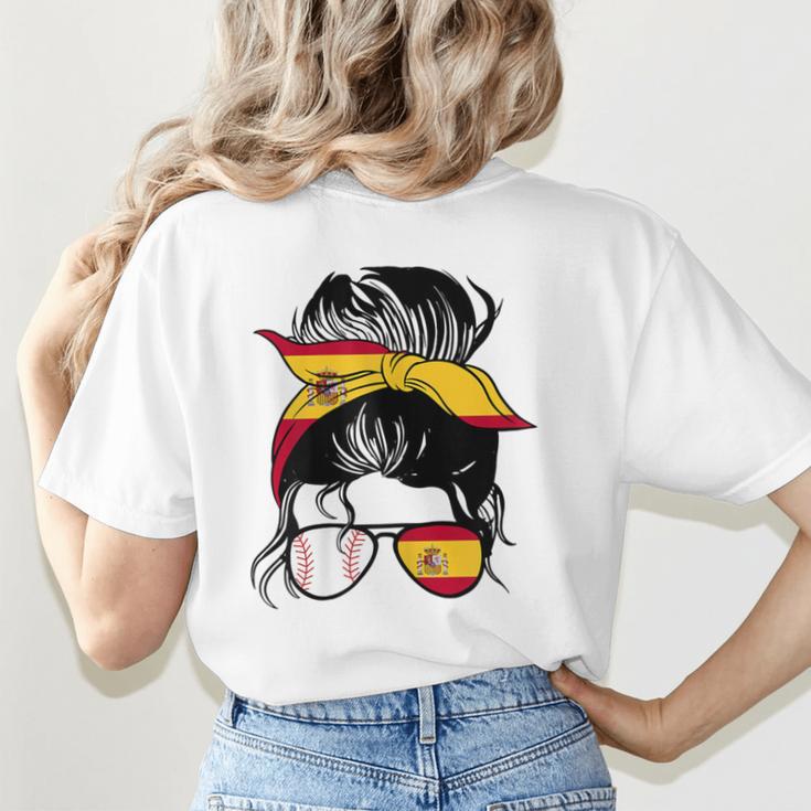Spanish Baseball Mom Messy Bun Spain Baseball Girl Women's T-Shirt Back Print Spanish Baseball Mom Messy Bun Spain Baseball Girl Women's T-Shirt Back Print