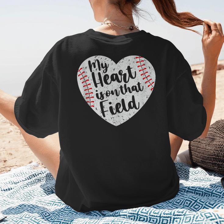 Retro My Heart Is On That Field Baseball Mom Mother's Day Women's T-Shirt Back Print