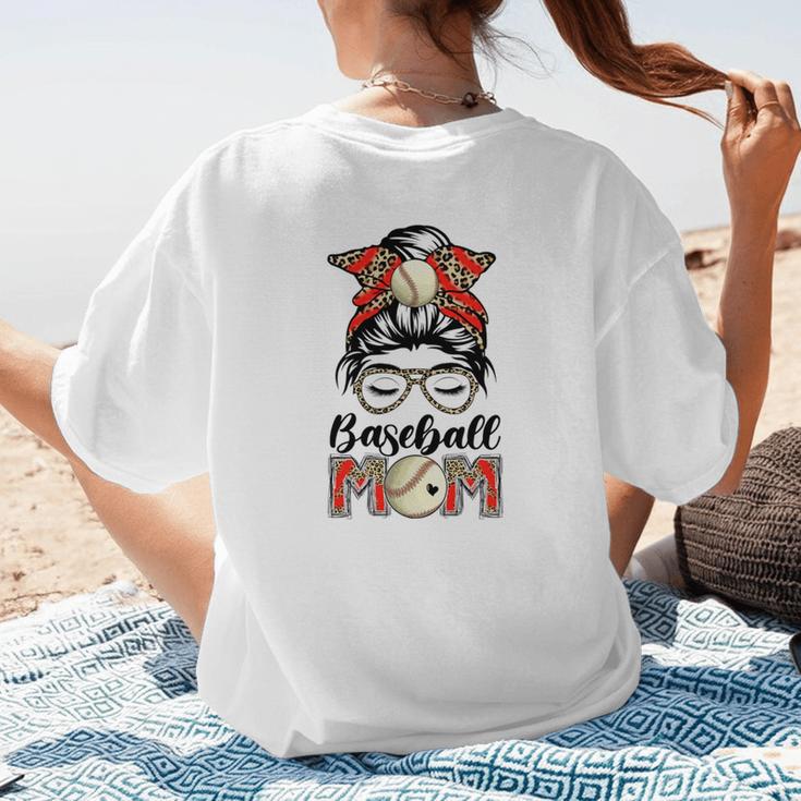 Baseball Mom Game Day Messy Bun Leopard Mother's Day Women's T-Shirt Back Print