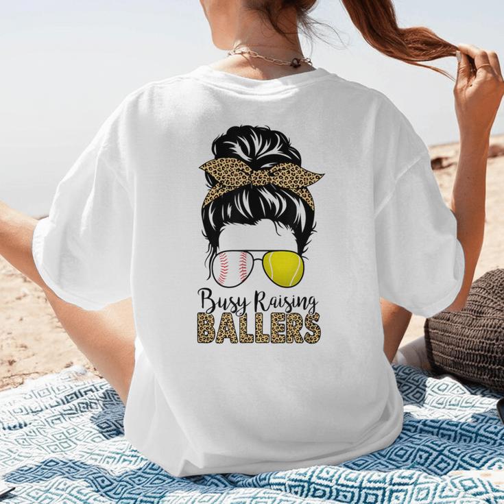 Busy Raising Ballers Tennis Baseball Mom Messy Bun Leopard Women's T-Shirt Back Print Busy Raising Ballers Tennis Baseball Mom Messy Bun Leopard Women's T-Shirt Back Print