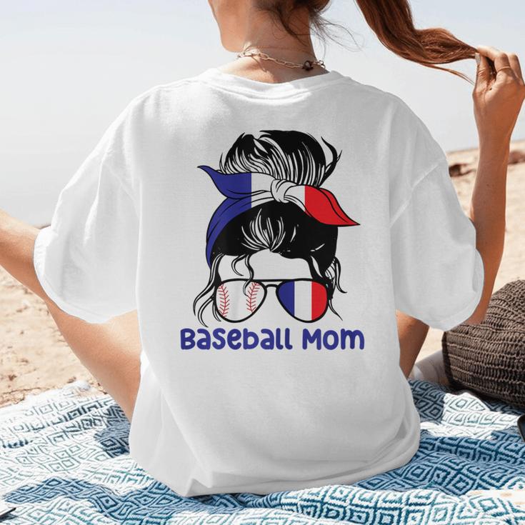 French Baseball Mom France Messy Bun Women's T-Shirt Back Print French Baseball Mom France Messy Bun Women's T-Shirt Back Print