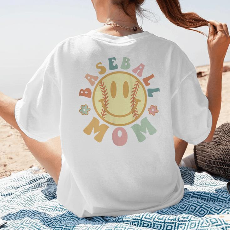 Groovy Retro Floral Happy Smiling Face Baseball Mom Women's T-Shirt Back Print Groovy Retro Floral Happy Smiling Face Baseball Mom Women's T-Shirt Back Print