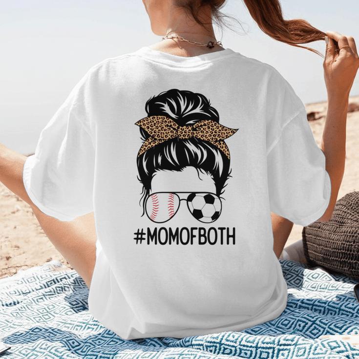 Soccer Baseball Mom Of Both Messy Bun Leopard Mother's Day Women's T-Shirt Back Print Soccer Baseball Mom Of Both Messy Bun Leopard Mother's Day Women's T-Shirt Back Print