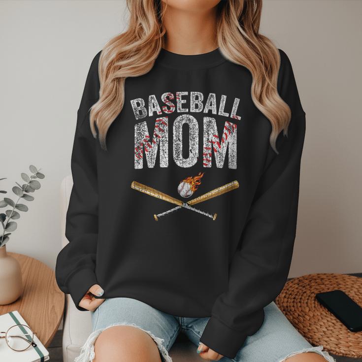 Baseball Mom Crossed Bats With Ball On Fire Distressed Women Crewneck Sweatshirt Baseball Mom Crossed Bats With Ball On Fire Distressed Women Crewneck Sweatshirt