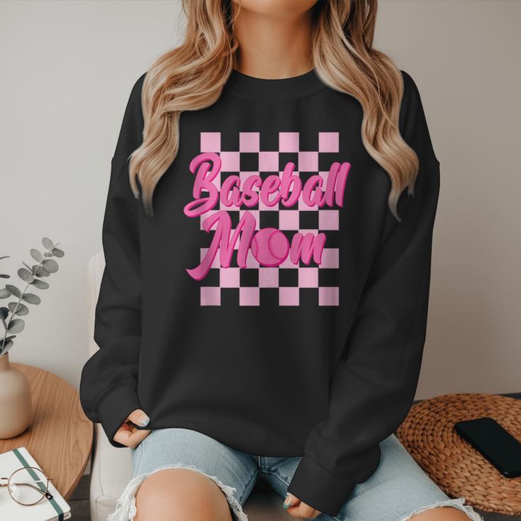 Baseball Mom And Pink Grid Sports Mother Mama Player Women Crewneck Sweatshirt