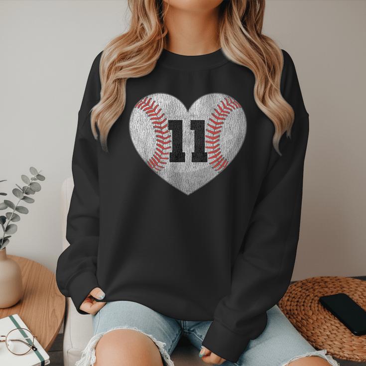Baseball Number 11 Distressed Heart For Baseball Moms Women Crewneck Sweatshirt Baseball Number 11 Distressed Heart For Baseball Moms Women Crewneck Sweatshirt