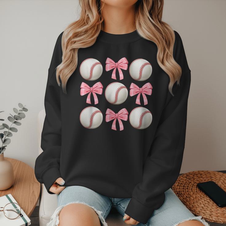 Baseballs And Bows Coquette Baseball Mom Baseball Coach Girl Women Crewneck Sweatshirt