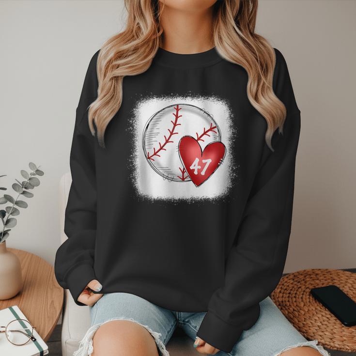 Bleached Custom Baseball Mom Number 47 Heart For Mom Women Crewneck Sweatshirt Bleached Custom Baseball Mom Number 47 Heart For Mom Women Crewneck Sweatshirt