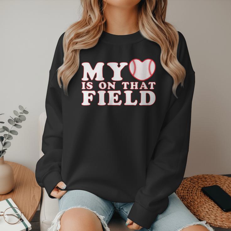 My Heart Is On That Court Baseball Mom Women Crewneck Sweatshirt My Heart Is On That Court Baseball Mom Women Crewneck Sweatshirt