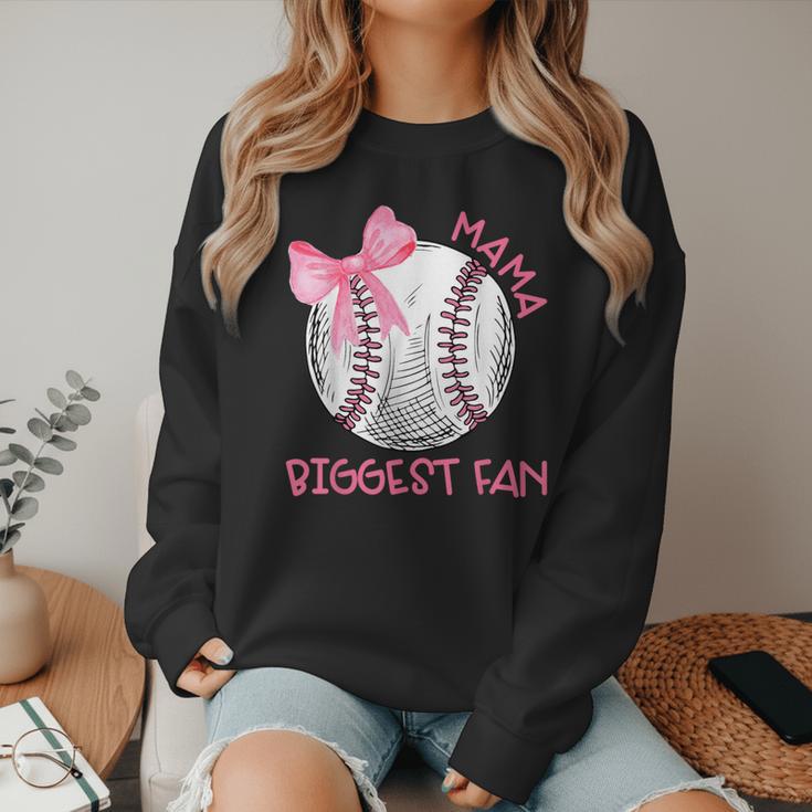 Mama Biggest Fan Coquette Bow Baseball Mom Fan Mother's Day Women Crewneck Sweatshirt