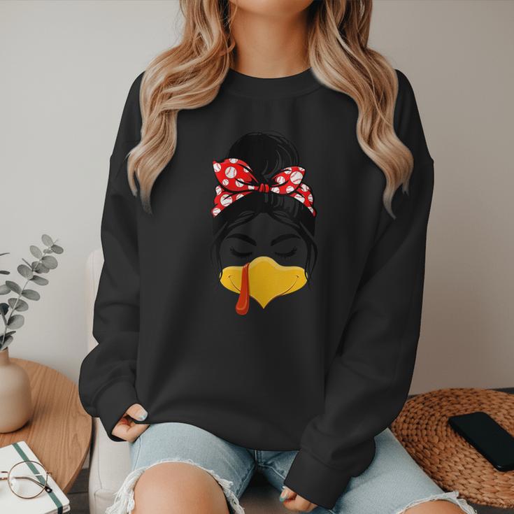 Messy Bun Baseball Mom Turkey Face Matching Thanksgiving Women Crewneck Sweatshirt Messy Bun Baseball Mom Turkey Face Matching Thanksgiving Women Crewneck Sweatshirt