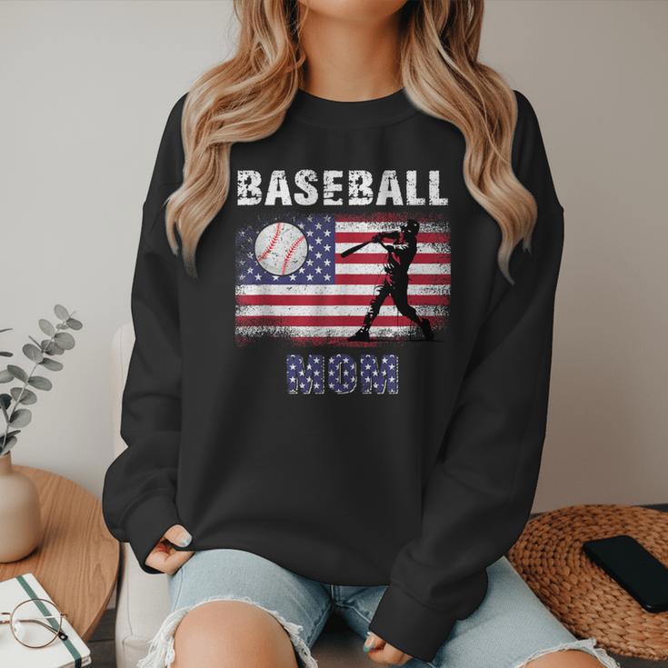 Proud Baseball MOM USA American Flag Family Game Day Women Crewneck Sweatshirt