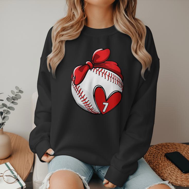Womens Custom Baseball Mom Number 7 Heart For Mom Mommy Women Crewneck Sweatshirt