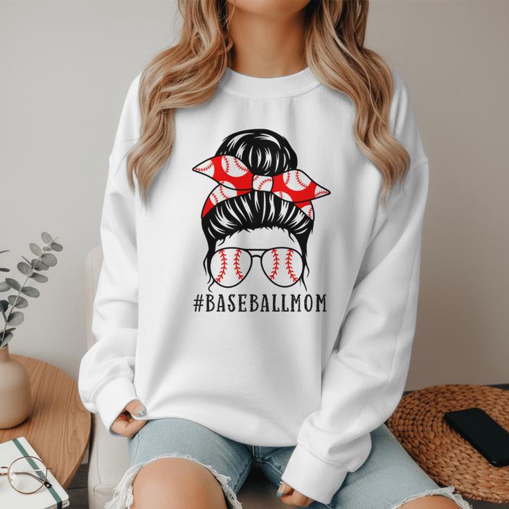 Baseball Mom Leopard Messy Bun Game Day Women Crewneck Sweatshirt