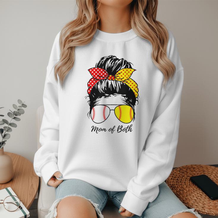 Baseball Mom Softball Mom Of Both Messy Bun Mother's Day Women Crewneck Sweatshirt
