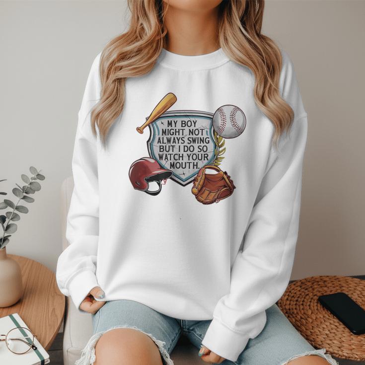 My Boy Might Not Always Swing Baseball Mom Premium Women Crewneck Sweatshirt My Boy Might Not Always Swing Baseball Mom Premium Women Crewneck Sweatshirt