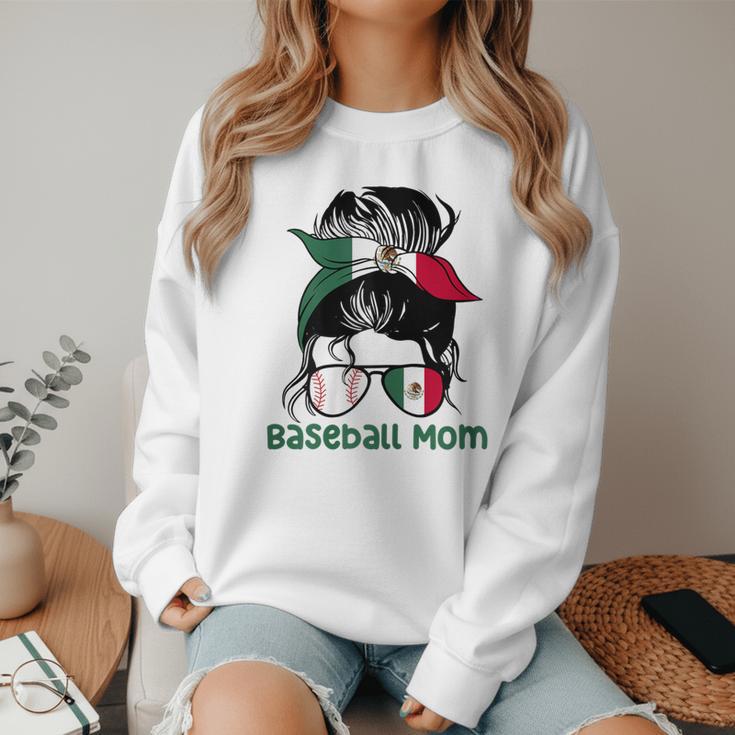 Mexico Baseball Mom Messy Bun Women Crewneck Sweatshirt