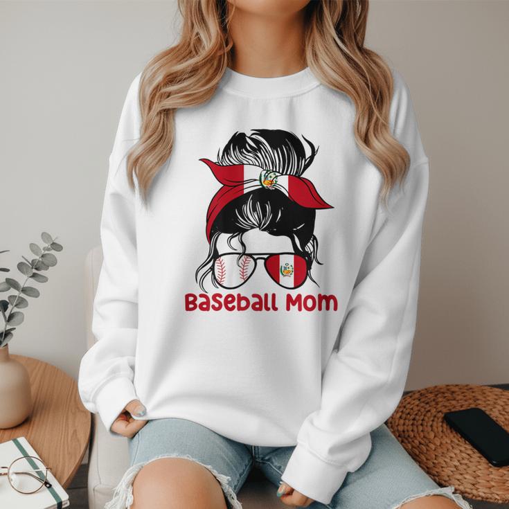Peru Baseball Mom Messy Bun Women Crewneck Sweatshirt Peru Baseball Mom Messy Bun Women Crewneck Sweatshirt