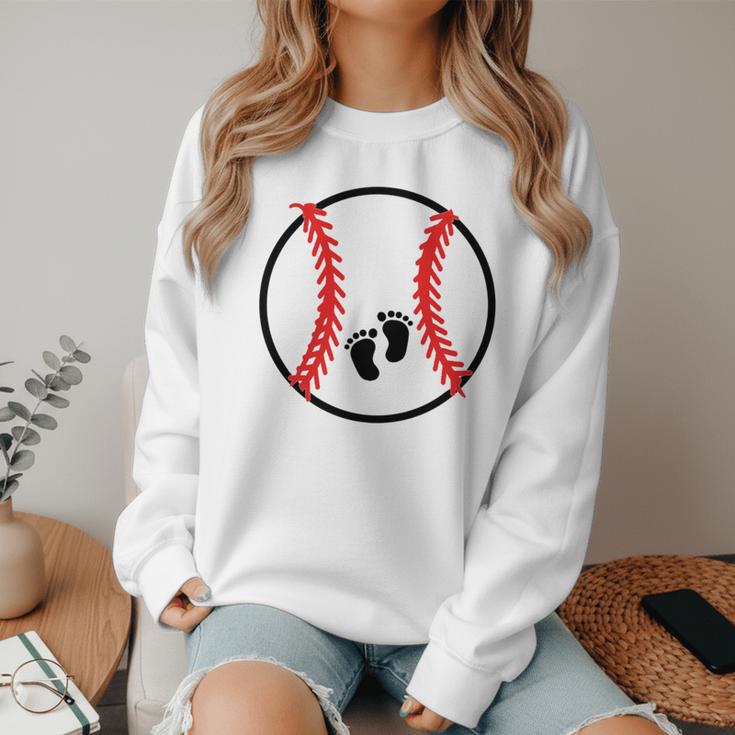 Pregnant Baseball Mom Pregnancy Announcement Baby Feet Belly Women Crewneck Sweatshirt