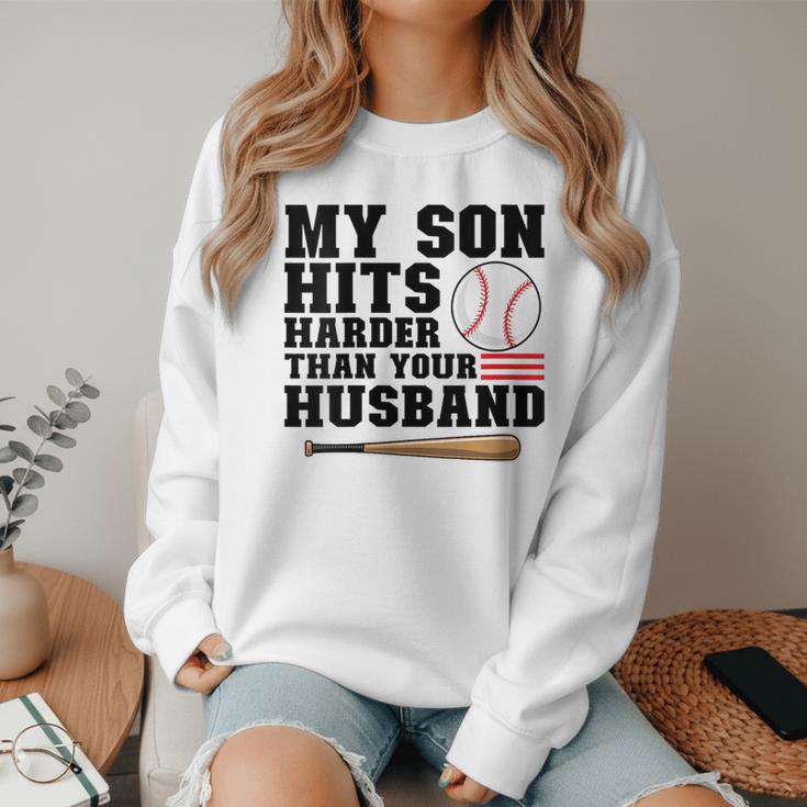 My Son Hits Harder Than Your Husband Baseball Mom Women Crewneck Sweatshirt