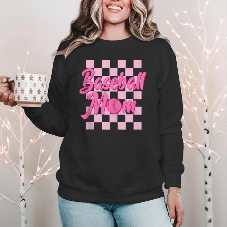 Baseball Mom And Pink Grid Sports Mother Mama Player Women Crewneck Sweatshirt