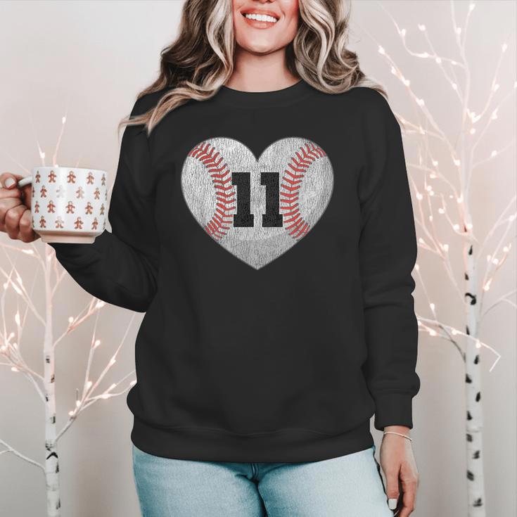 Baseball Number 11 Distressed Heart For Baseball Moms Women Crewneck Sweatshirt Baseball Number 11 Distressed Heart For Baseball Moms Women Crewneck Sweatshirt