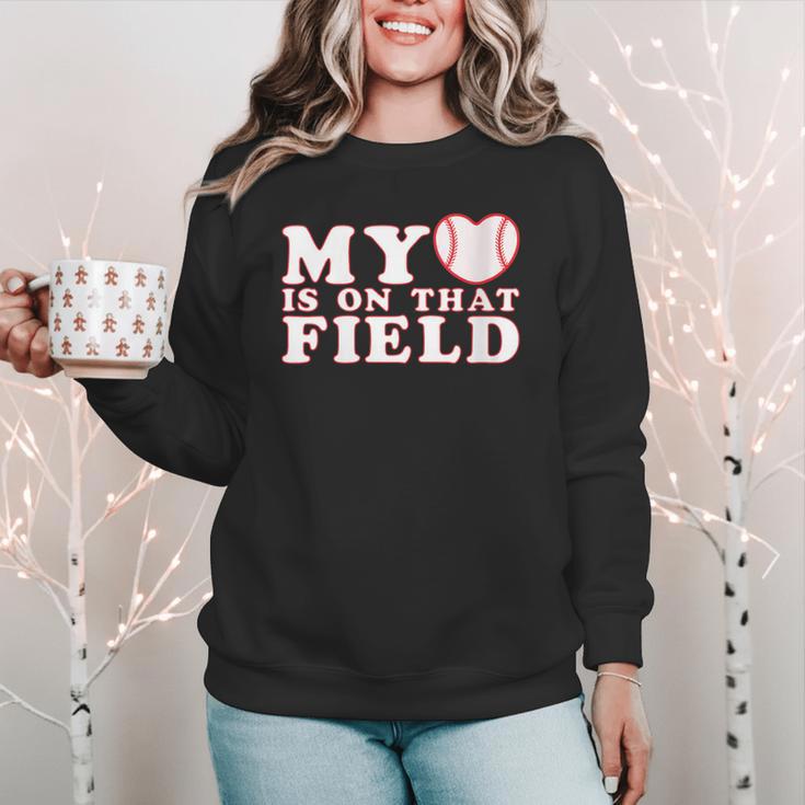 My Heart Is On That Court Baseball Mom Women Crewneck Sweatshirt My Heart Is On That Court Baseball Mom Women Crewneck Sweatshirt