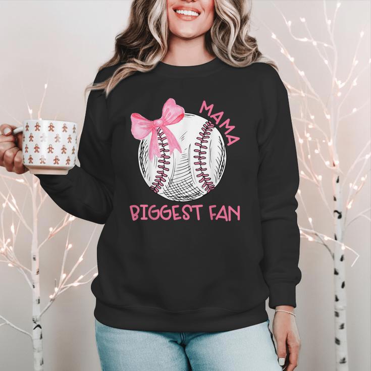 Mama Biggest Fan Coquette Bow Baseball Mom Fan Mother's Day Women Crewneck Sweatshirt