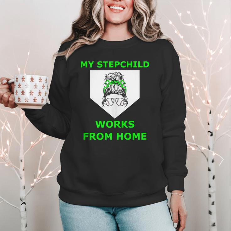 Messy Bun Baseball Mom My Stepchild Works From Home Women Crewneck Sweatshirt Messy Bun Baseball Mom My Stepchild Works From Home Women Crewneck Sweatshirt