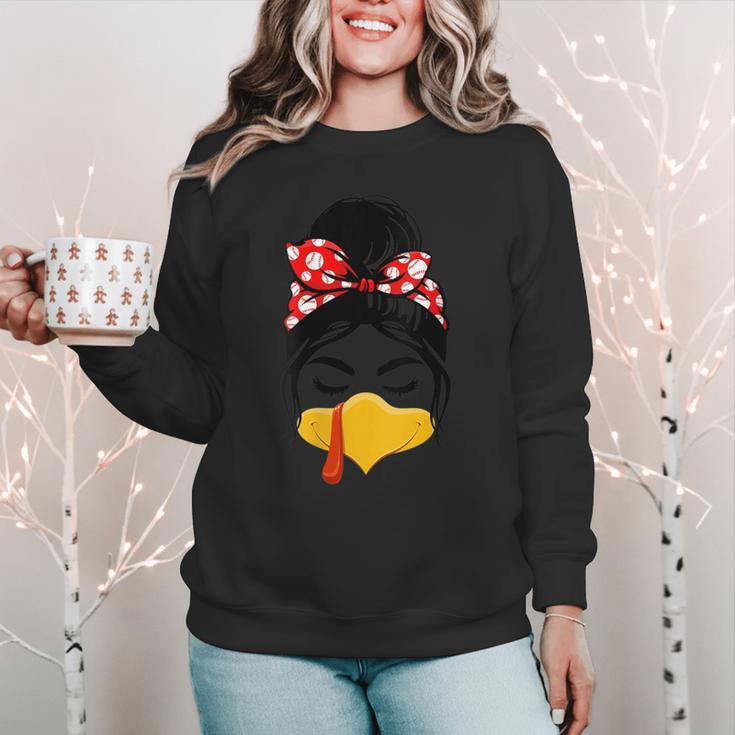 Messy Bun Baseball Mom Turkey Face Matching Thanksgiving Women Crewneck Sweatshirt Messy Bun Baseball Mom Turkey Face Matching Thanksgiving Women Crewneck Sweatshirt