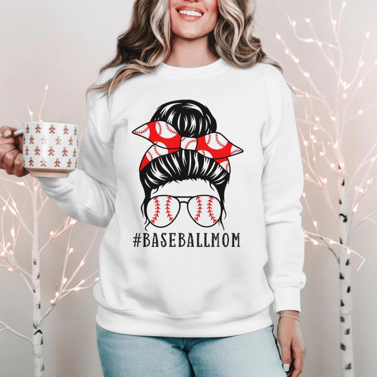 Baseball Mom Leopard Messy Bun Game Day Women Crewneck Sweatshirt