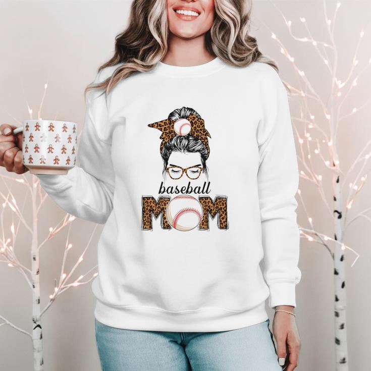 Baseball Mom Women Messy Bun Leopard Mother's Day Women Crewneck Sweatshirt