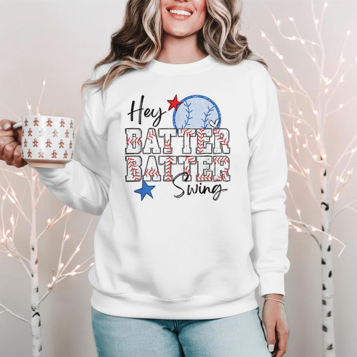Hey Batter Batter Swing Graphic For Baseball Moms Women Crewneck Sweatshirt Hey Batter Batter Swing Graphic For Baseball Moms Women Crewneck Sweatshirt