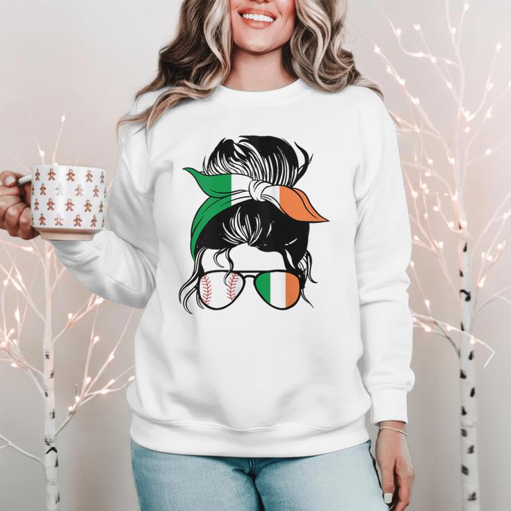 Ireland Baseball Mom Messy Bun Irish Baseball Girl Women Crewneck Sweatshirt