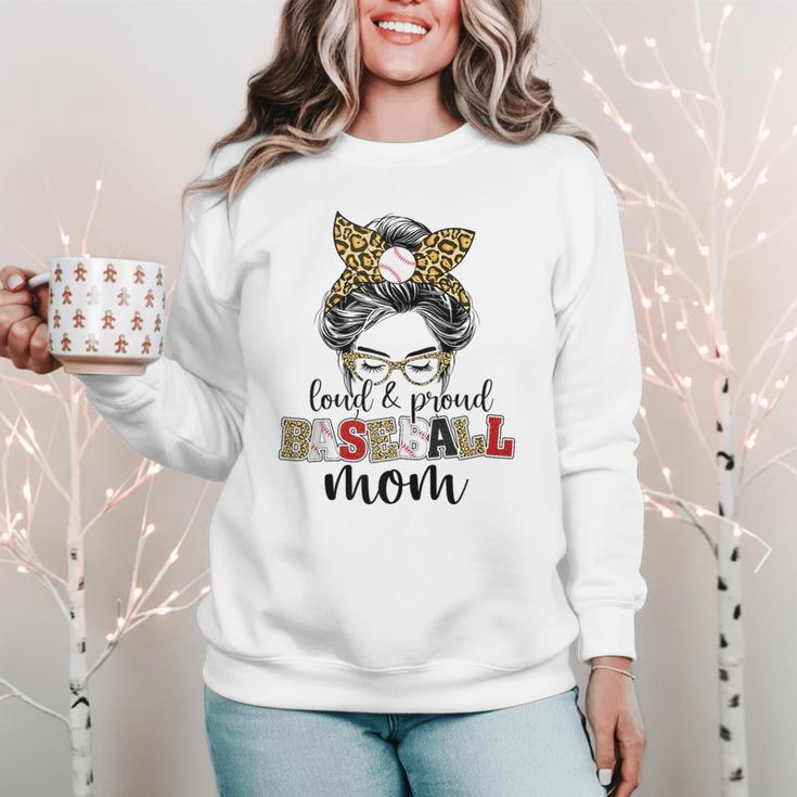 Loud And Proud Baseball Mom Messy Bun Leopard Baseball Mom Women Crewneck Sweatshirt