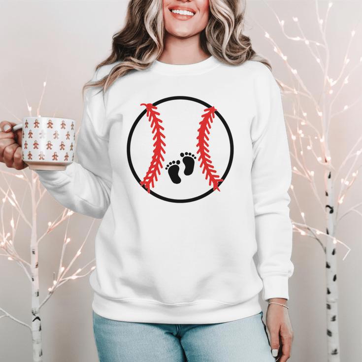 Pregnant Baseball Mom Pregnancy Announcement Baby Feet Belly Women Crewneck Sweatshirt