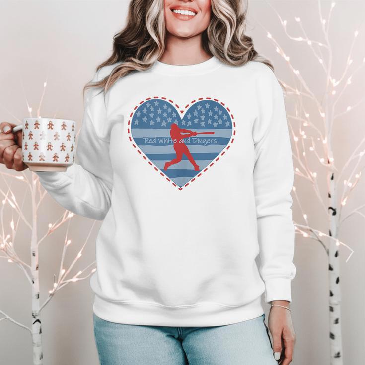 Primitive Patriotic American Baseball Mom Softball Dingers Women Crewneck Sweatshirt