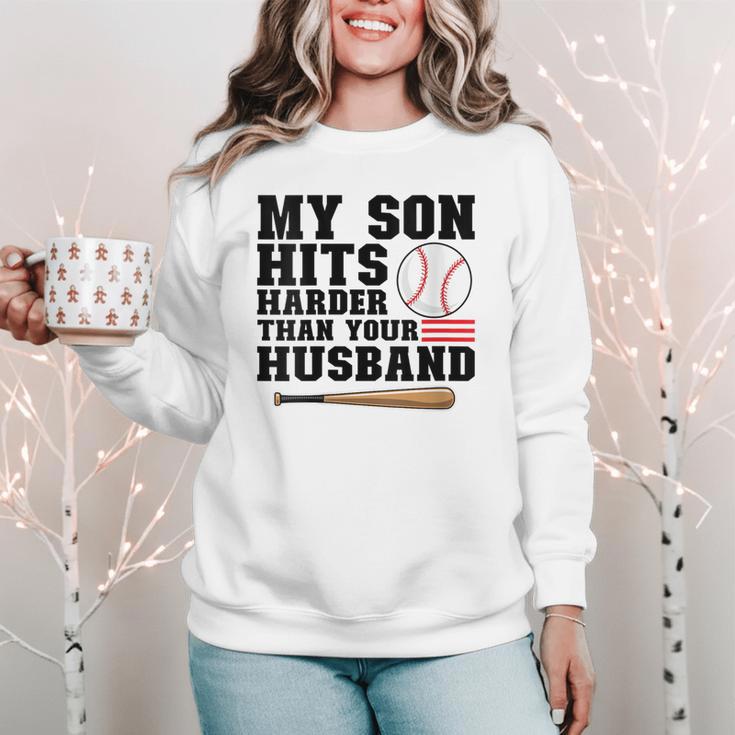 My Son Hits Harder Than Your Husband Baseball Mom Women Crewneck Sweatshirt
