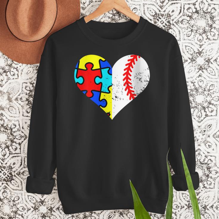 Autism Baseball Heart Autism Puzzle Baseball Mom Women Crewneck Sweatshirt