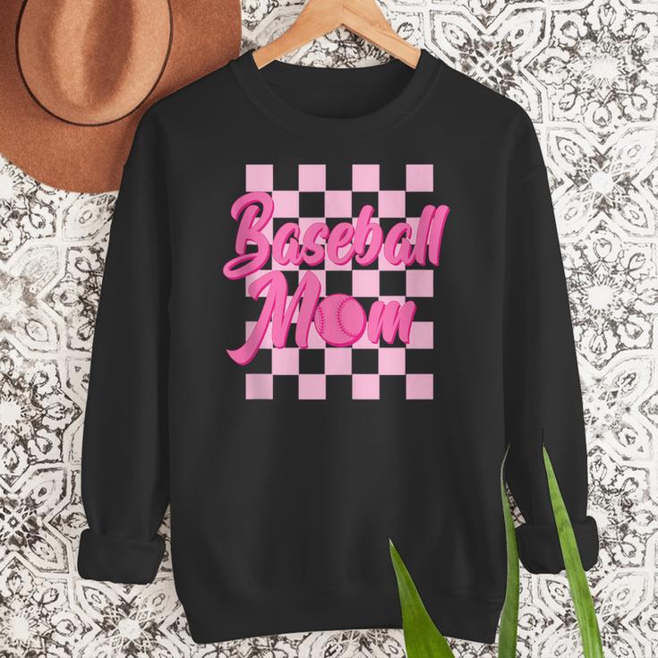 Baseball Mom And Pink Grid Sports Mother Mama Player Women Crewneck Sweatshirt