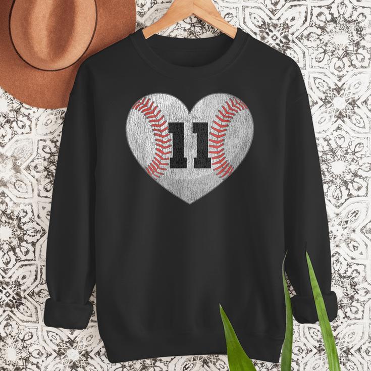 Baseball Number 11 Distressed Heart For Baseball Moms Women Crewneck Sweatshirt Baseball Number 11 Distressed Heart For Baseball Moms Women Crewneck Sweatshirt