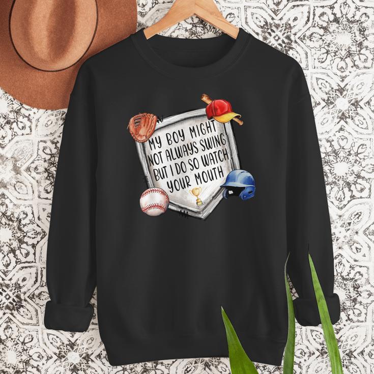 My Boy Might Not Always Swing But I Do Baseball Mom Mama Son Women Crewneck Sweatshirt My Boy Might Not Always Swing But I Do Baseball Mom Mama Son Women Crewneck Sweatshirt